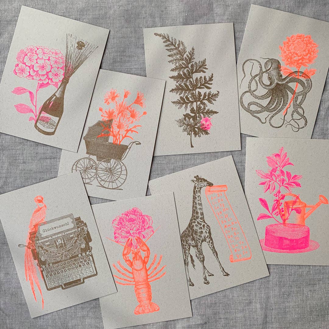 Postkarte / Hummer mit Blume / Riso-Druck